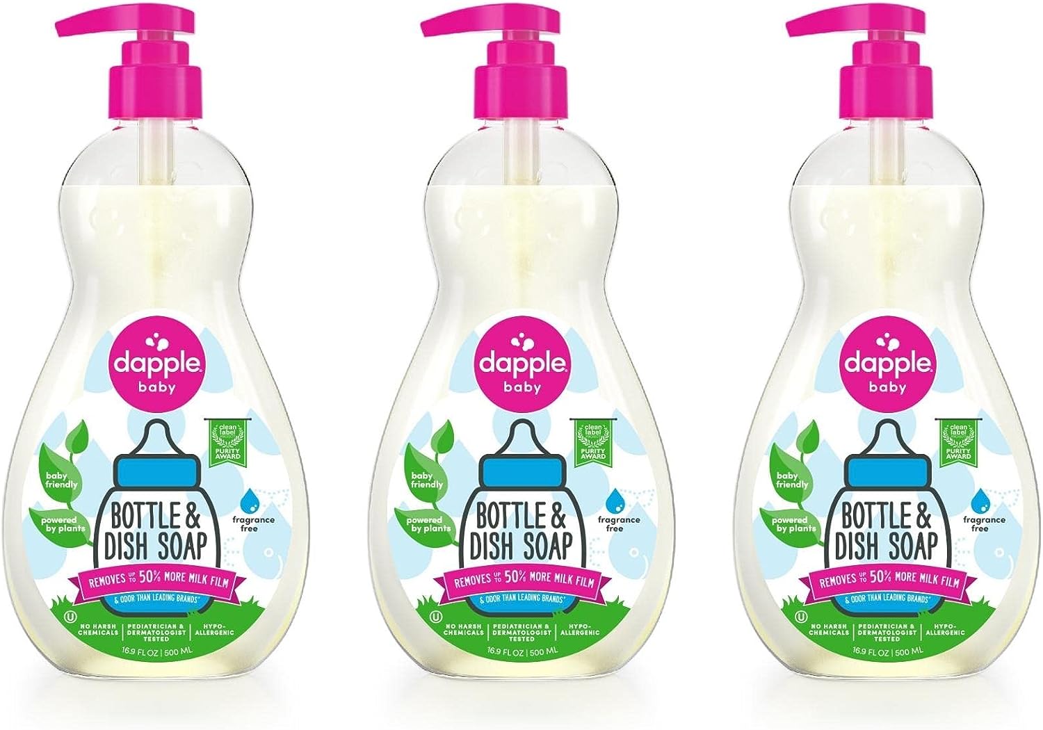 Dapple Baby, Bottle and Dish Soap Dish Liquid Plant Based Hypoallergenic 1 Pump Included, Packaging May Vary, Fragrance Free, 16.9 Fl Oz (Pack of 3)