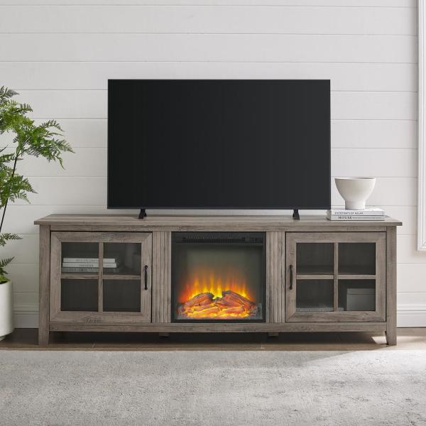 70 in. Gray Wash Composite TV Stand 75 in. with Electric Fireplace