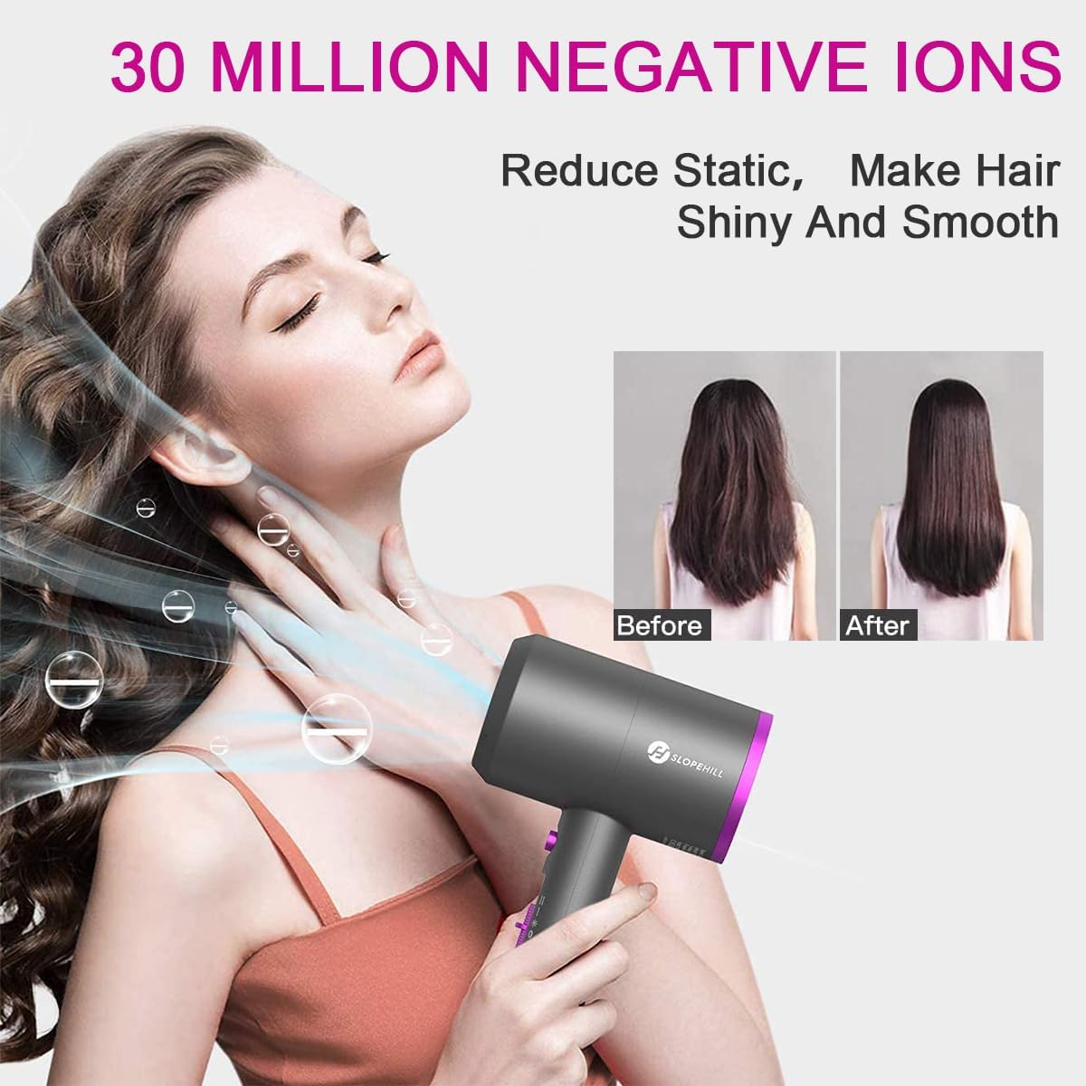 Slopehill Professional Ionic Hair Dryer, Powerful 1800W Fast Drying Low Noise Blow Dryer with 2 Concentrator Nozzle 1 Diffuser Attachments for Home Salon Travel