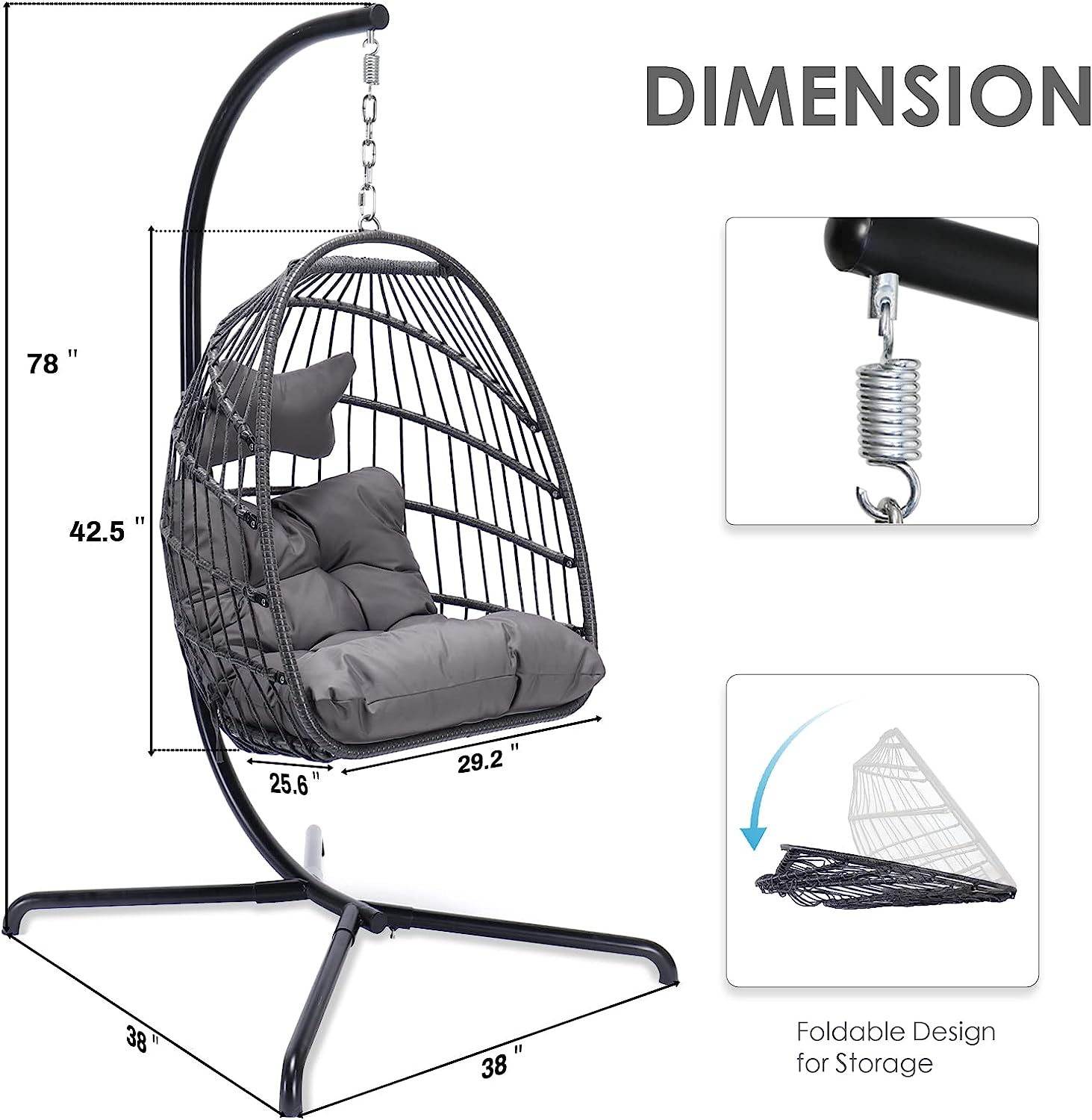 NICESOUL® Indoor Outdoor Patio Wicker Hanging Chair Swing Egg Basket Chairs with Stand UV Resistant Cushions 350lbs Capaticy for Patio Backyard Balcony Xmas Gift