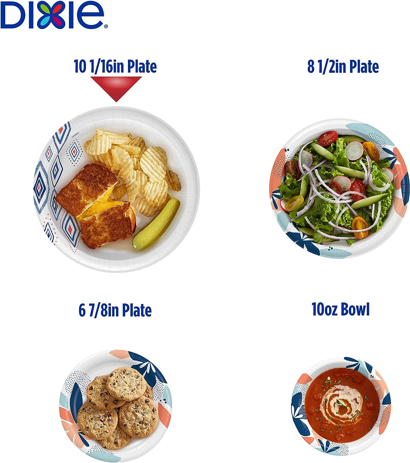 Dixie 10 Inch Paper Plates, Dinner Size Printed Disposable Plate, 204 Count (3 Packs of 68 Plates)