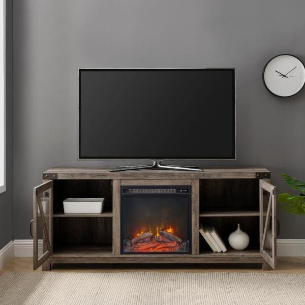 58 in. Grey Wash Glass Barn Door Fireplace Console