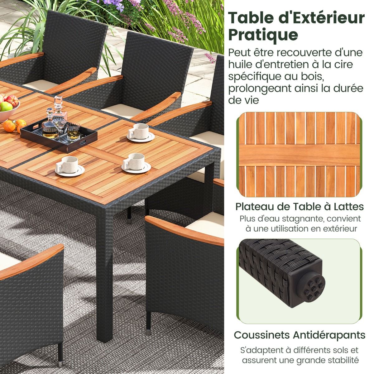 Salon de Jardin en Rotin 9 Pièces Plateau de Table en Acacia Ensemble de Salle à Manger avec Coussins Amovibles Trou Charge 180KG Beige+Noir