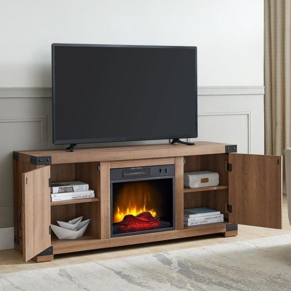 56 in. Media Electric Fireplace with Industrial Accents in Rustic Barn Wood