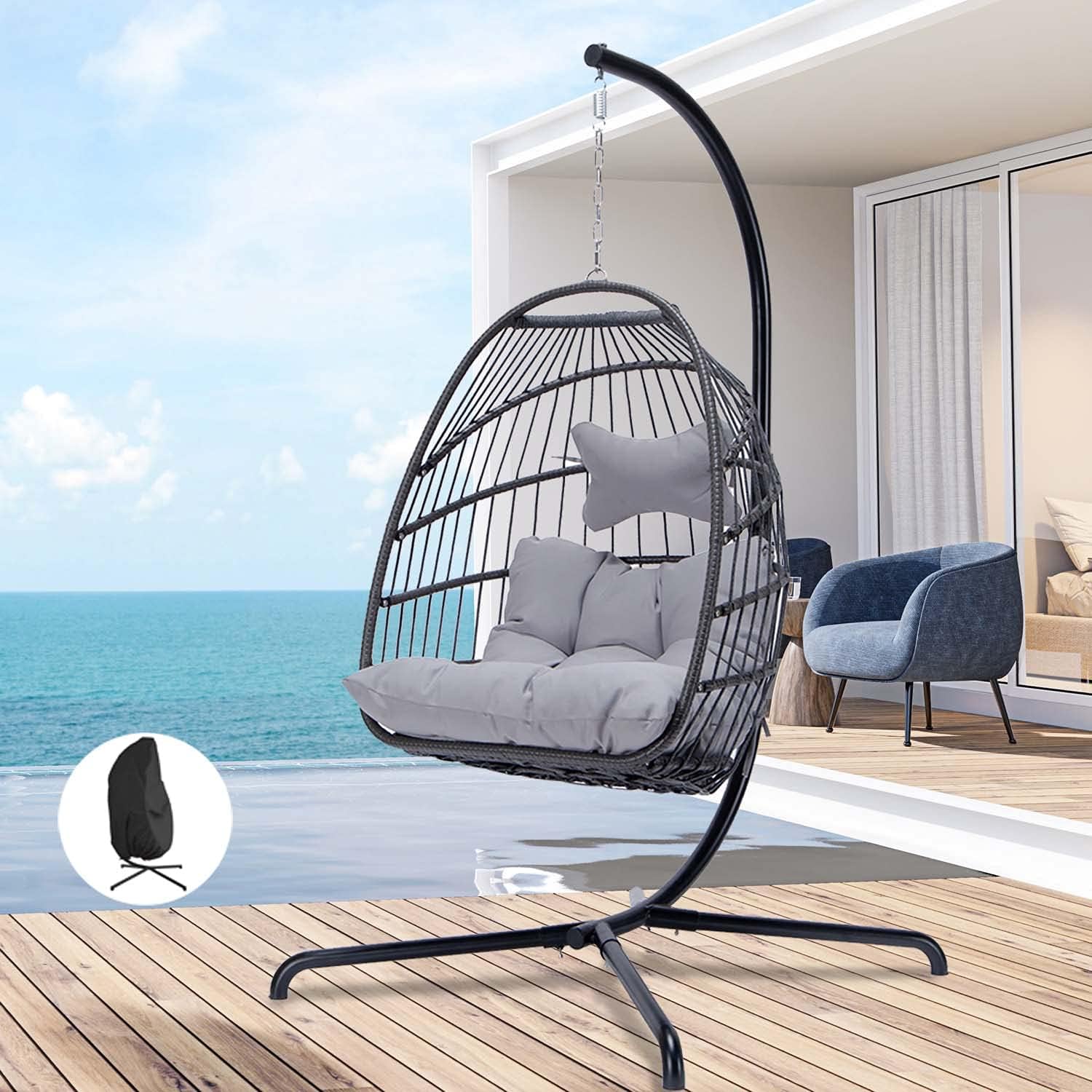 Swing Egg Chair Without Stand Indoor Outdoor Wicker Rattan Patio Basket Hanging Chair with UV Resistant Cushions 265lbs Capaticy for Bedroom Balcony Patio (Without Stand)