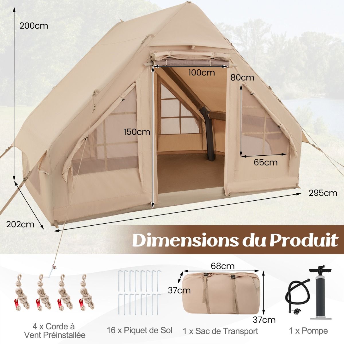 Tente de Camping Gonflable 6 m² pour 4-6 Personnes Tente en Coton Coupe-vent et Imperméable avec Pompe 7 Fenêtres à Moustiquaire Beige