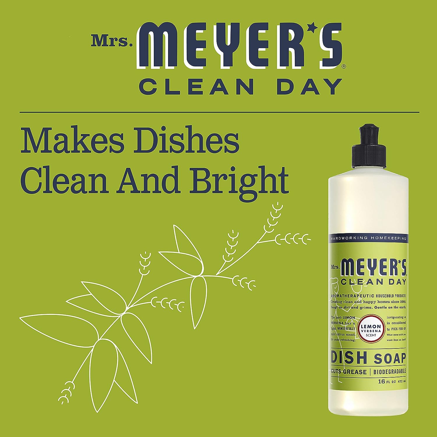 Mrs. Meyer's Liquid Dish Soap, Biodegradable Formula, Lemon Verbena, 16 Fl. Oz - Pack Of 3
