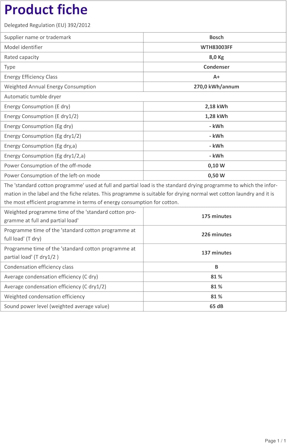 Bosch WTN85V07FF Sèche linge à condensation Série 4 - Silencieux - Pose Libre - 7kg - 112 L - Blanc