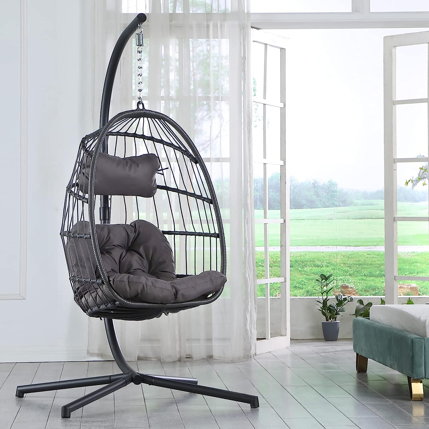 Brafab Swing Egg Chair, Hammock Chair, Hanging Chair, Aluminum Frame and UV Resistant Cushion with Steel Stand, Indoor Outdoor Patio Porch Lounge Bedroom Hand Made Wicker Rattan Chair, 350LBS Capacity