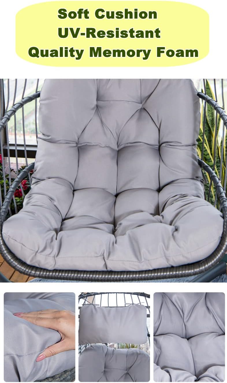 MOJIA Egg Chair with Stand and Oxford Cover, Patio Wicker Hanging Swing Chair with UV Resistant Cushion and Foldable Seat Basket