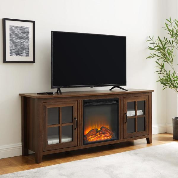 58 in. Dark Walnut Wood and Glass Transitional 2-Door Windowpane Fireplace TV Stand Fits TVs up to 65 in.