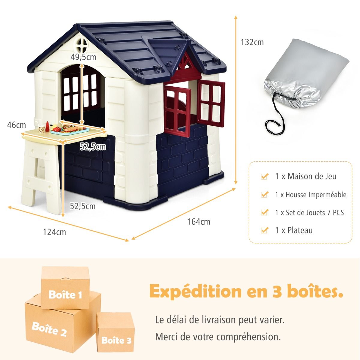 Maison Chef House -Thème Burger Bar - Table de Pique Nique Cabane de Jardin Anti-UV en Plastique 164x124x132 cm Bleu/Rose/Jaune
