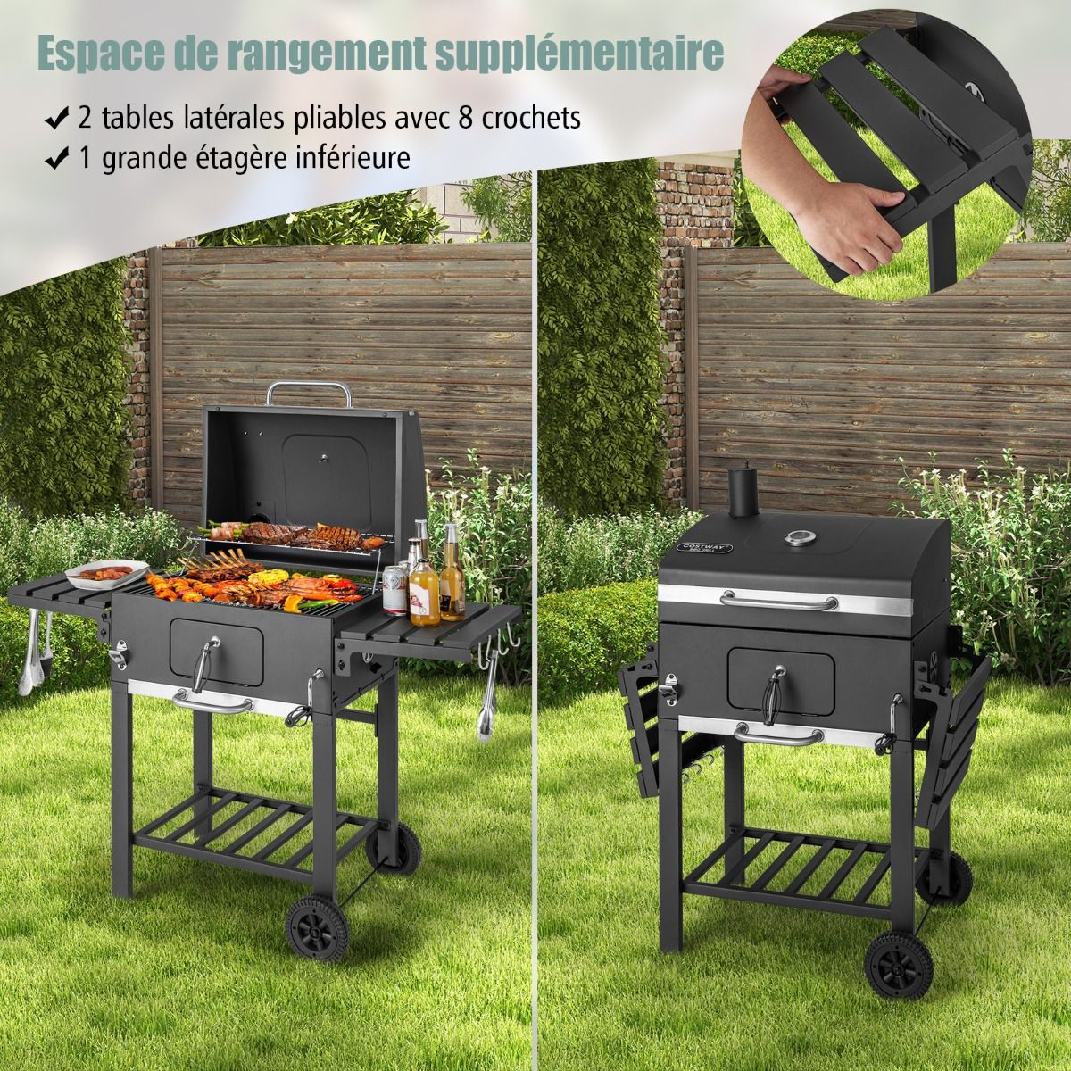 Barbecue à Charbon de Bois Portable avec 2 Tables d'Appoint Noir