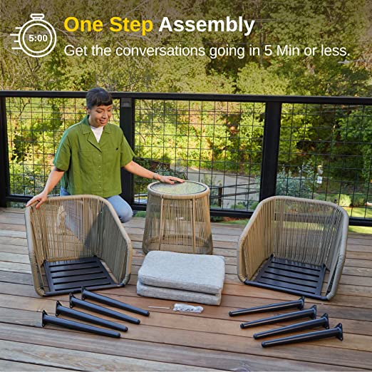 Patio Furniture Set, 3-Piece Outside Bistro Set Handwoven Rattan Wicker Chairs with Waterproof Cushions, Tempered Glass Table, Outdoor Conversation Set for Porch, Brown & Light Grey