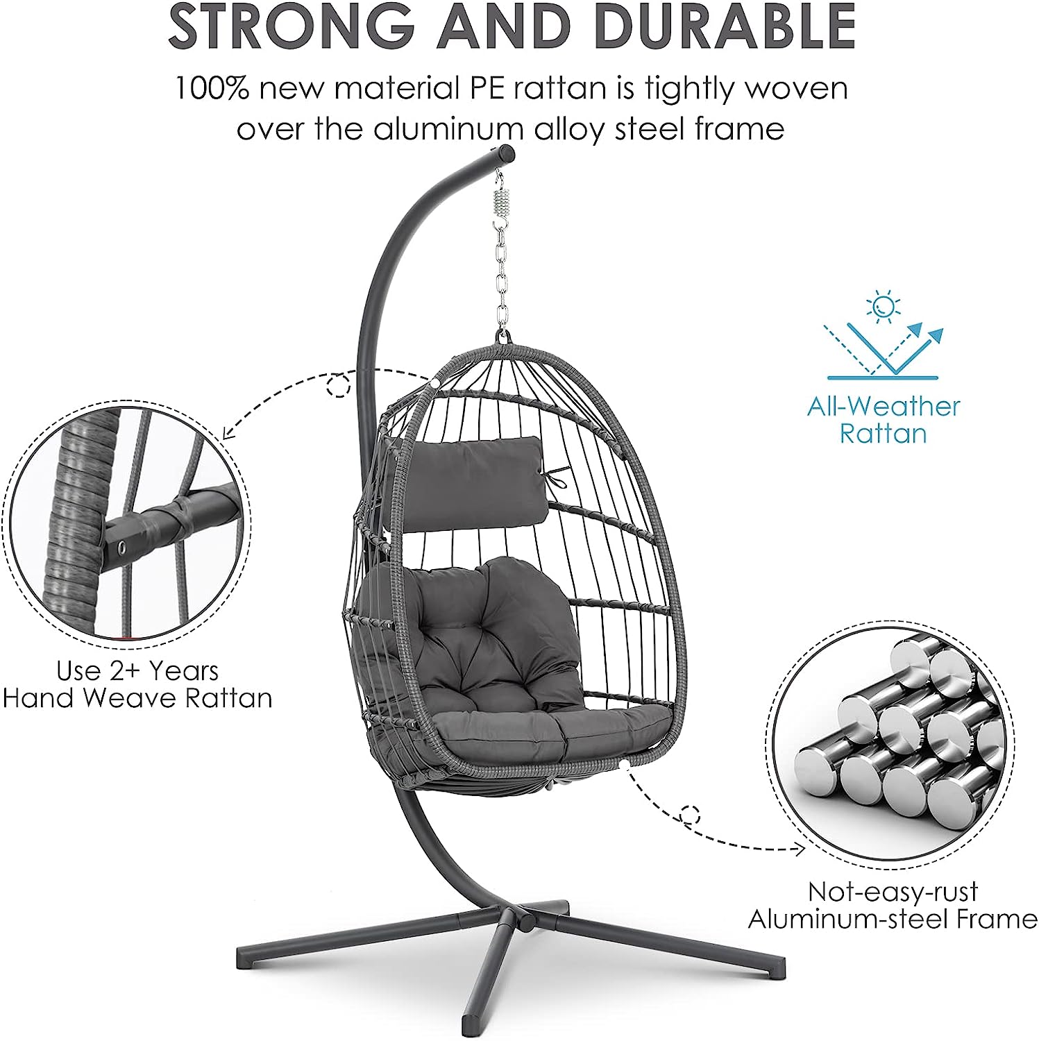 Brafab Swing Egg Chair, Hammock Chair, Hanging Chair, Aluminum Frame and UV Resistant Cushion with Steel Stand, Indoor Outdoor Patio Porch Lounge Bedroom Hand Made Wicker Rattan Chair, 350LBS Capacity