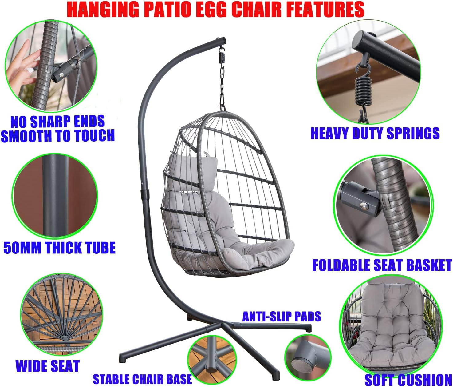 MOJIA Egg Chair with Stand and Oxford Cover, Patio Wicker Hanging Swing Chair with UV Resistant Cushion and Foldable Seat Basket