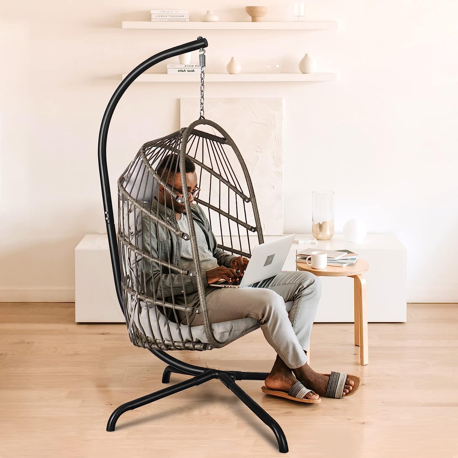 Chihee Egg Chair Foldable Wicker Rattan Hanging Chair Swing Chair Indoor Outdoor Patio Wicker Chair Hammock Chair with Stainless Steel Hanging Kit Chain Link UV Resistant Cushion Bedroom Balcony