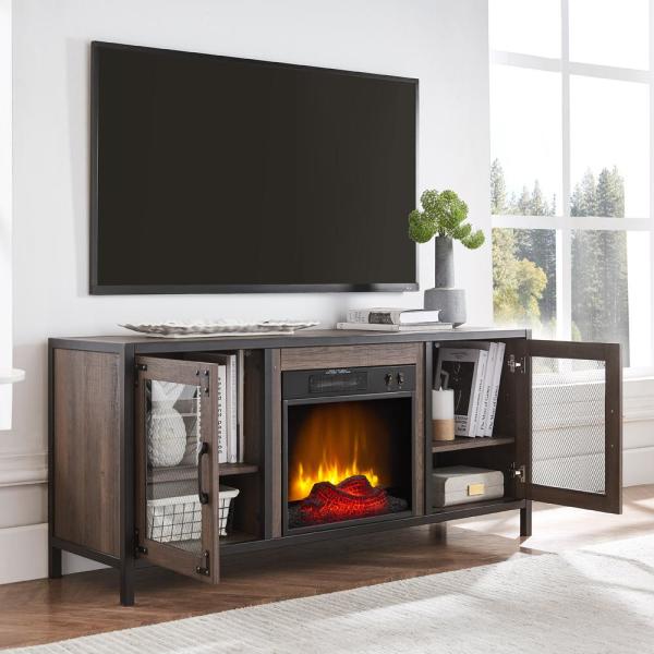 54 in. Media Electric Fireplace Full Metal Industrial Frame in Charcoal Oak