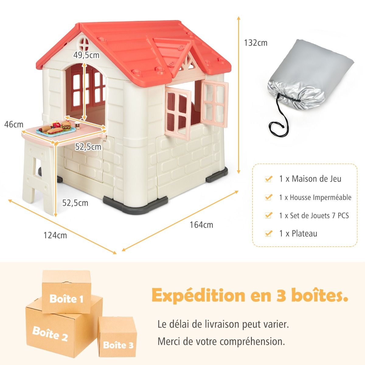 Maison Chef House -Thème Burger Bar - Table de Pique Nique Cabane de Jardin Anti-UV en Plastique 164x124x132 cm Bleu/Rose/Jaune