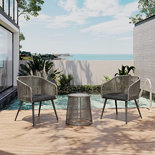 Patio Furniture Set, 3-Piece Outside Bistro Set Handwoven Rattan Wicker Chairs with Waterproof Cushions, Tempered Glass Table, Outdoor Conversation Set for Porch, Brown & Light Grey