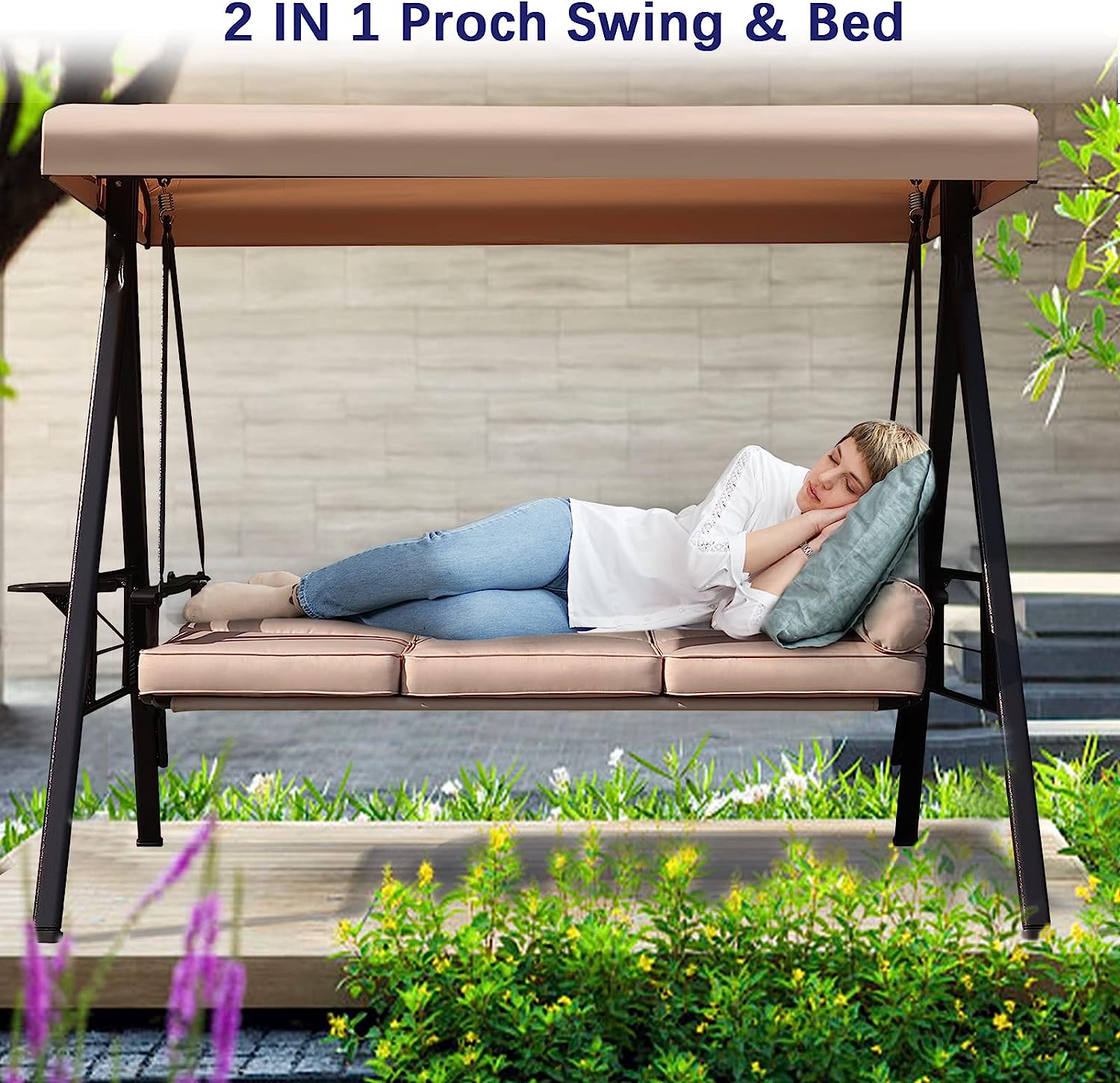 NOBLEMOOD Outdoor Porch Swing with Stand and Canopy, 3 Seat Freestanding Metal Porch Swing Bed with Cushions and Cup Trays for Backyard Outside Deck Lawn (Wine Red)