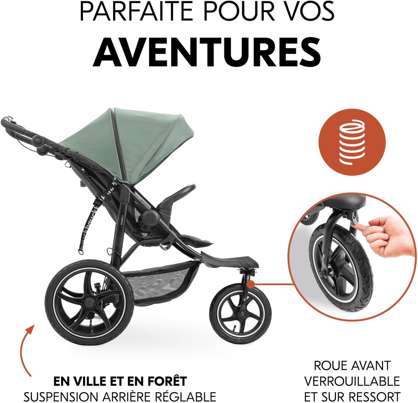 hauck Poussette 3 Roues Runner 3, Tout Terrain avec Roues XL Gonflables, Jusqu'à 22 kg, Frein à Main, Suspension, Canopy UPF 50+, Pliable, Panier, Position Allongée, Porte-Gobelet (Jungle Green)