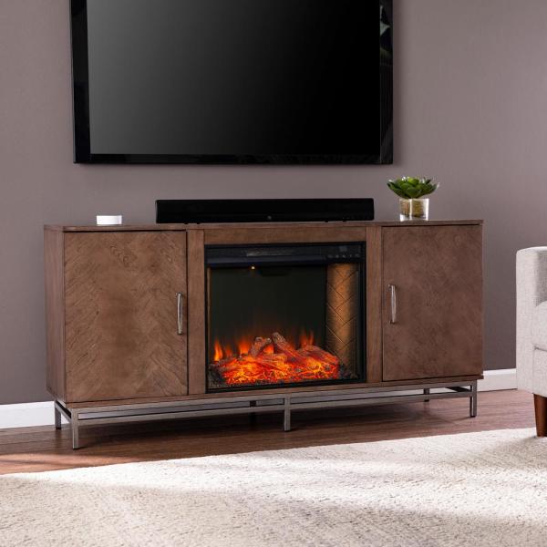Oliver 60 in. Alexa Enabled Smart Electric Fireplace in Brown with Matte Silver