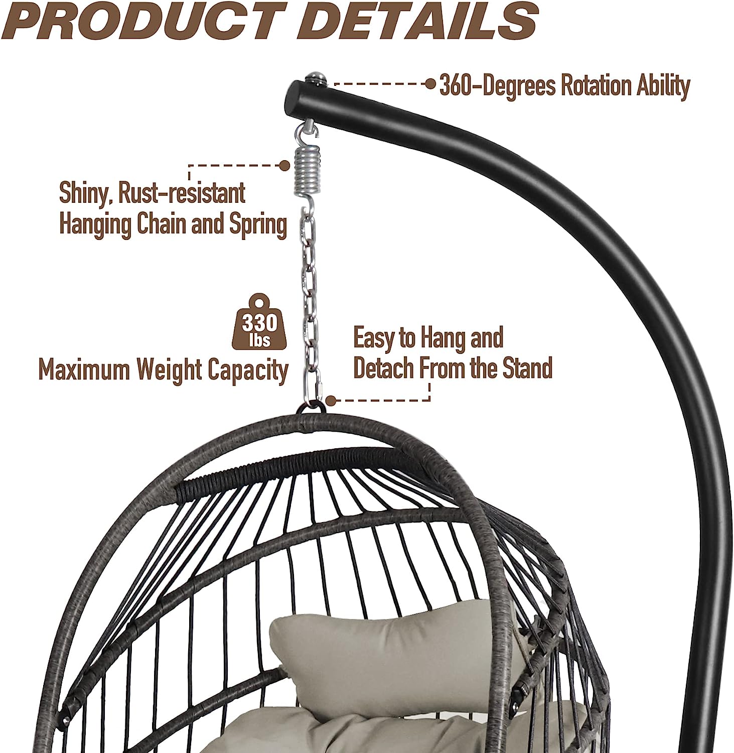 Chihee Egg Chair Foldable Wicker Rattan Hanging Chair Swing Chair Indoor Outdoor Patio Wicker Chair Hammock Chair with Stainless Steel Hanging Kit Chain Link UV Resistant Cushion Bedroom Balcony