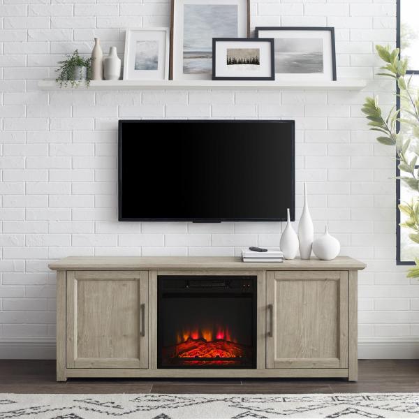 Camden Frosted Oak 58 in. Low Profile TV Stand with Fireplace Fits 60 in. with Cable Management