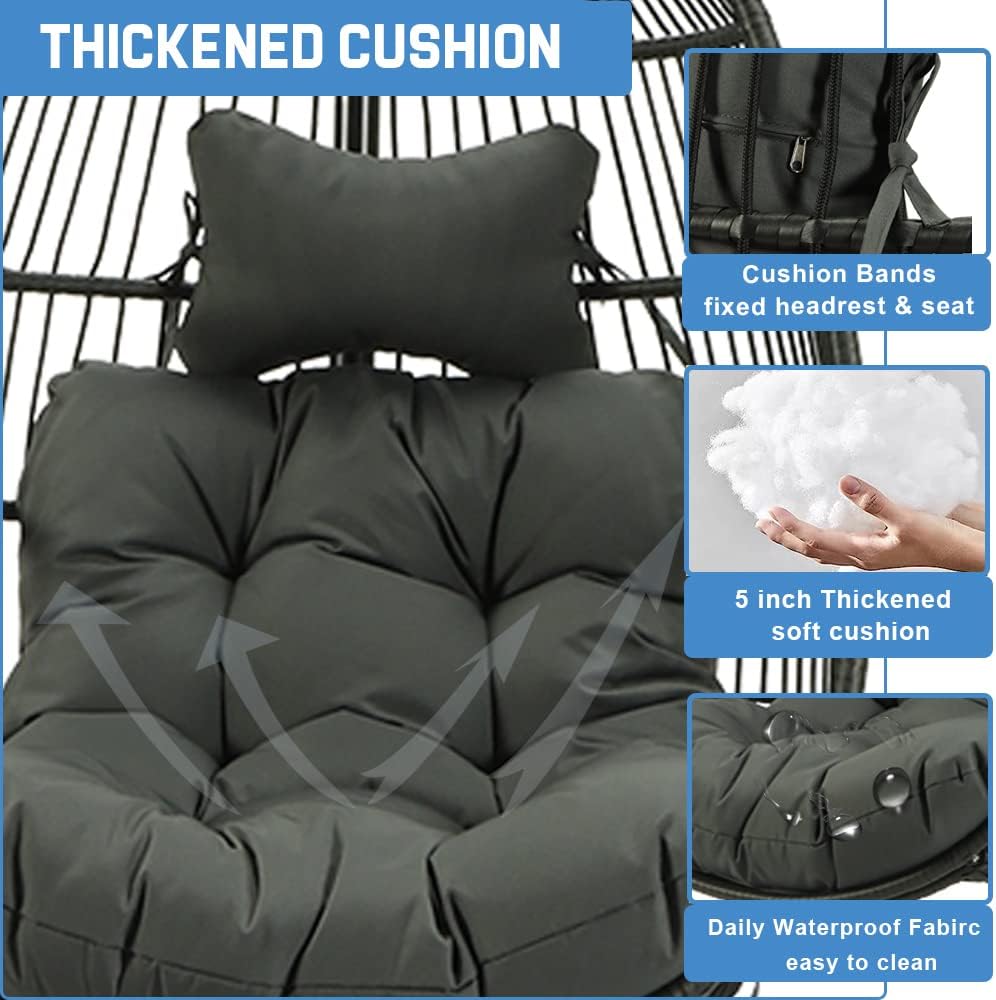 Foldable Swing Chair with Stand, Rattan Wicker Hanging Egg Chair Hammock Chair with Cushion and Pillow for Indoor Outdoor Bedroom Patio Garden (Dark Grey)