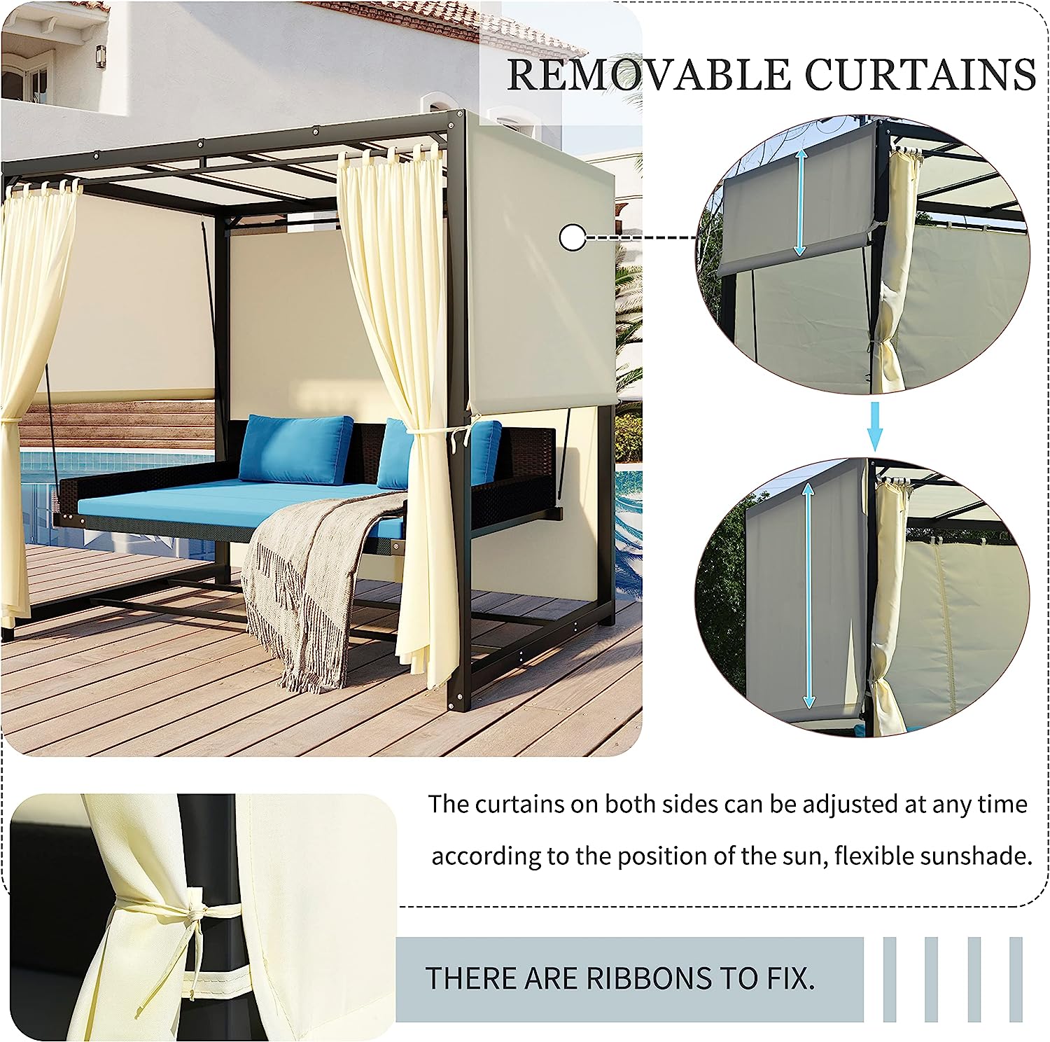 Merax 3-Seat Patio Swing Bed,Outdoor Porch Chair with Adjustable Canopy and Durable Steel Frame for Patio, Garden, Poolside Dark Grey