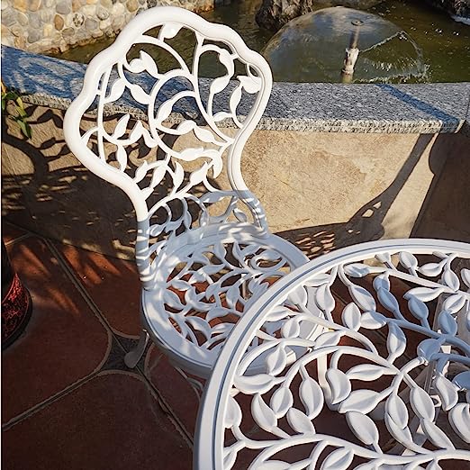 Sets 3 Piece cast Aluminum Patio Furniture Outdoor Garden Metal Rust Proof Tables and Chairs White bisrto Set (Leaf-White)