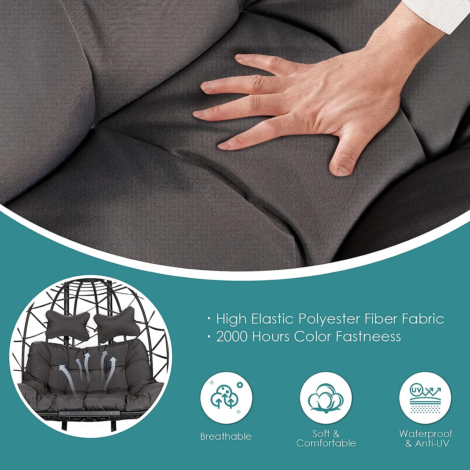 RADIATA Double Egg Chair with Stand Luxury Outdoor Patio Wicker Loveseat Hanging Swing Egg Chairs with Resistant Cushions Metal Frame 500 lbs Capaticy for 2 Persons Patio Backyard Balcony