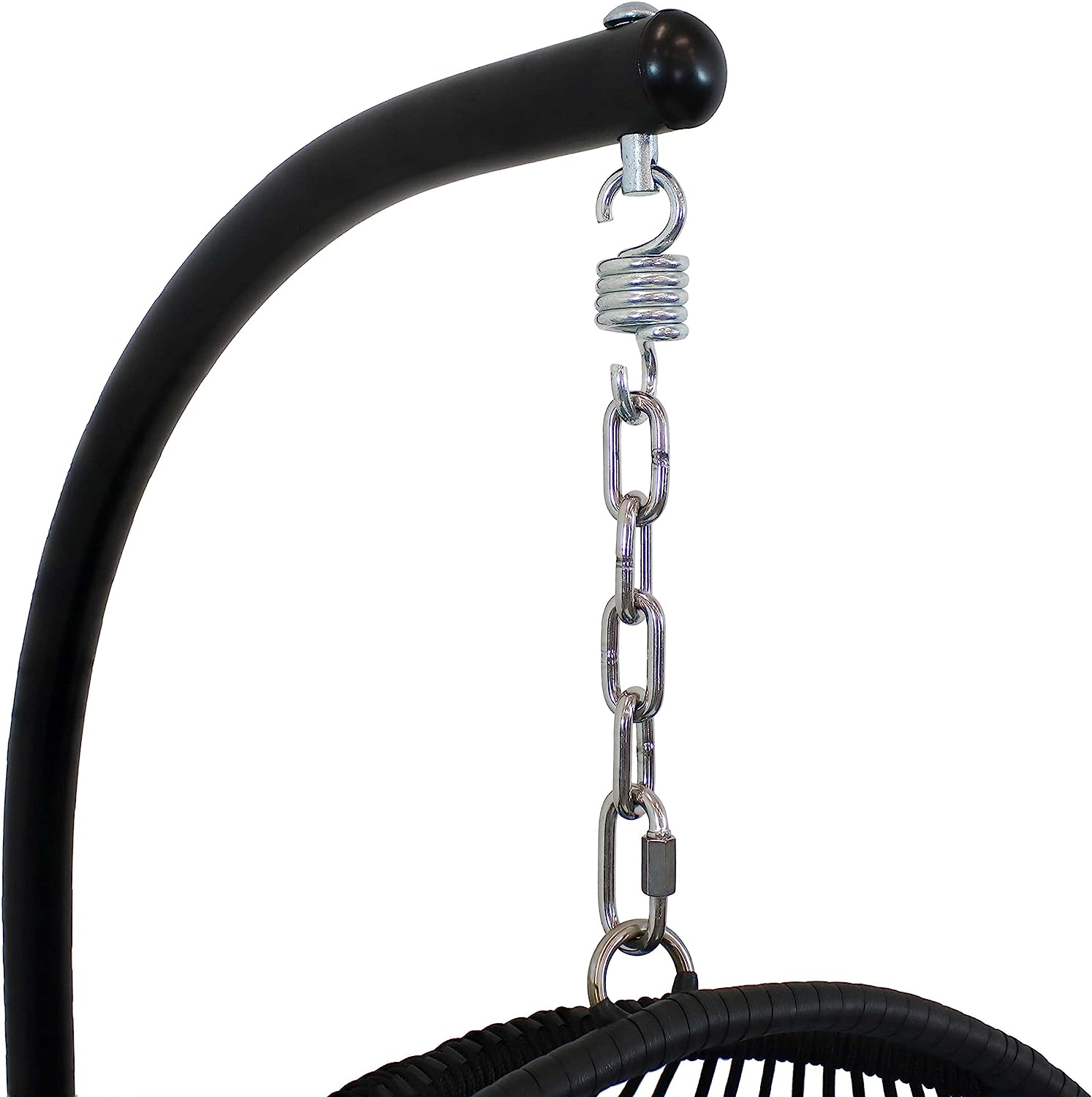 Sunnydaze Julia Hanging Egg Chair with Stand and Red Cushions - Comfy Collapsible Outdoor Egg Chair Swing with Stand - Black Polyethylene Wicker Rattan Frame with Steel Stand - 76 Inches Tall