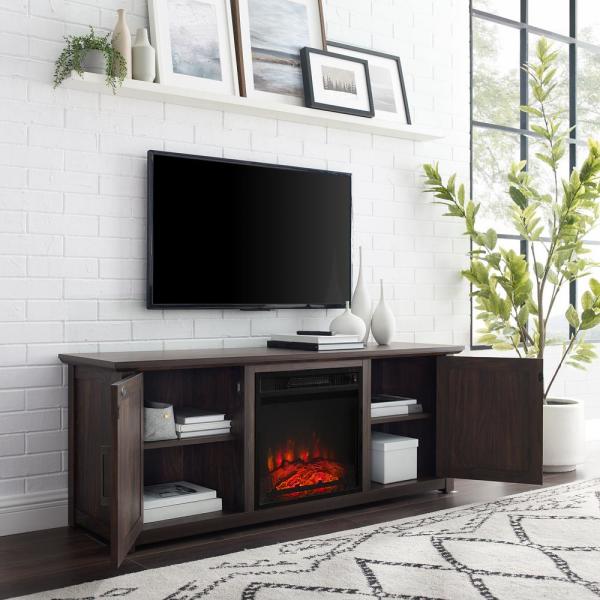 Camden Dark Walnut 58 in. Low Profile TV Stand with Fireplace Fits 60 in. TV with Cable Management