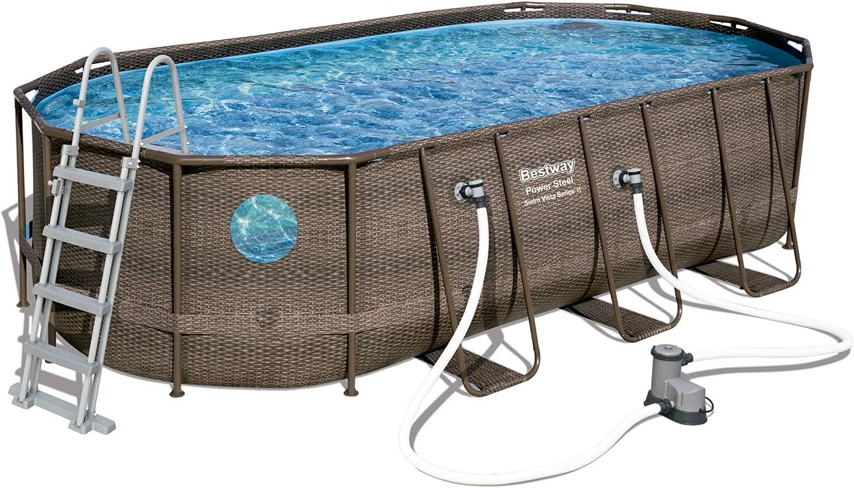 Bestway 56946 Piscine Power Steel™ Swim Vista ovale 488 x 305 x 107 cm motif rotin avec hublots, filtration à sable, échelle, bâche et diffuseur Chemconnect™