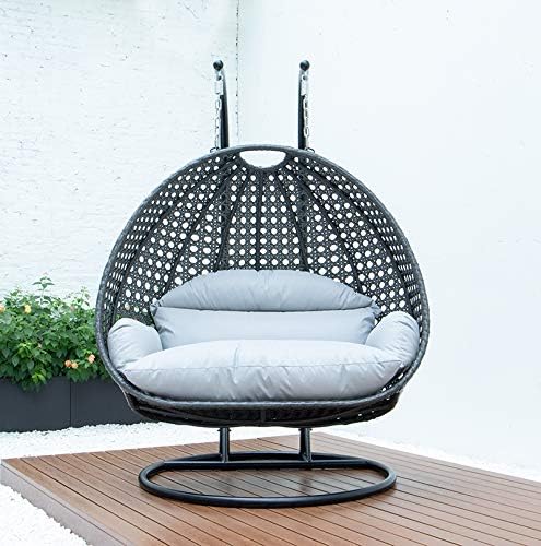 LeisureMod 2 Person Hanging Double Swing Chair, X-Large Wicker Rattan Egg Chair with Stand and Cushion for Indoor Outdoor Patio Garden (Light Green)