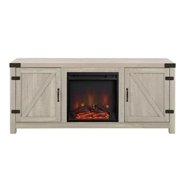 58 in. Stone Grey Wood and Metal Barn Door TV Stand Fits TVs up to 65 in. with Electric Fireplace