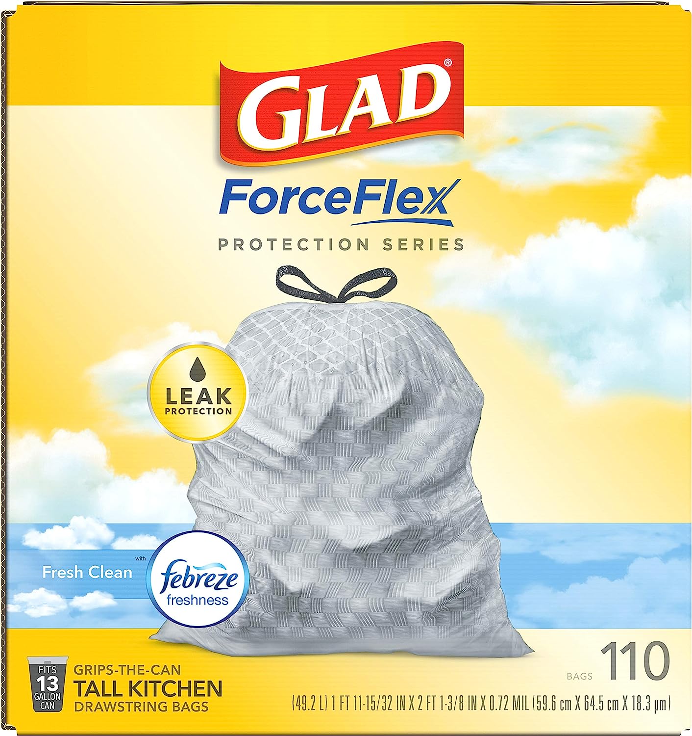 Glad Protection Series Force Flex Drawstring Fresh Clean Odor Shield 13 Gallon 1/110ct