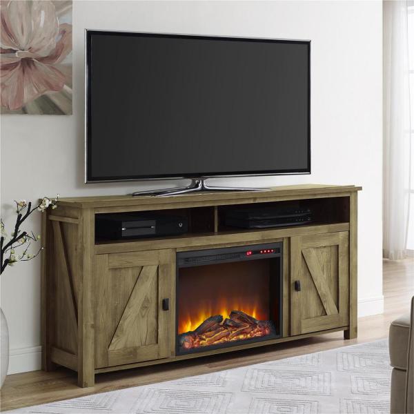 Brownwood Light Pine 60 in. TV Console with Fireplace