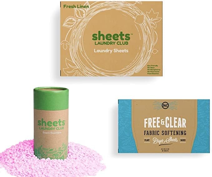 Sheets Laundry Club - 50 Fresh Linen(up to 100 loads) Laundry Detergent Sheets - 40 Lavender Dryer Sheets, 8oz Lavender Scent Booster Tube. Good for the earth and a breeze to use. Hypoallergenic
