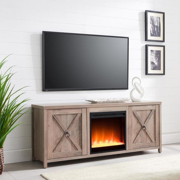 Granger 58 in. Gray Oak TV Stand with Crystal Fireplace Insert