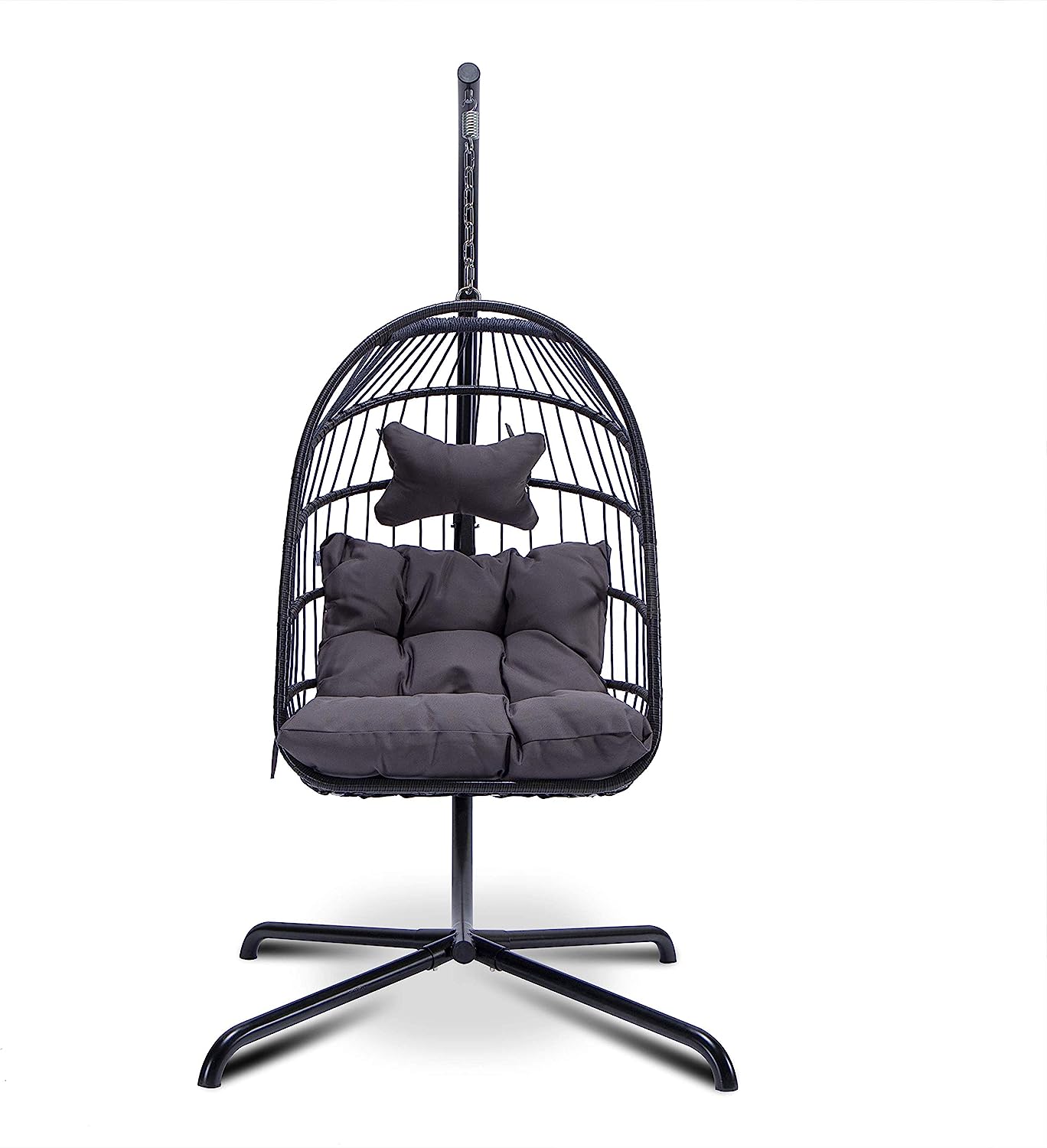 Hanging Chair with Stand Hanging Basket Chair Indoor Outdoor Brown Rattan Wicker Chair Swing with Beige Cushion Swing Chair Hanging Egg Hammock for Patio Yard Living Room Bed Room (Brown)