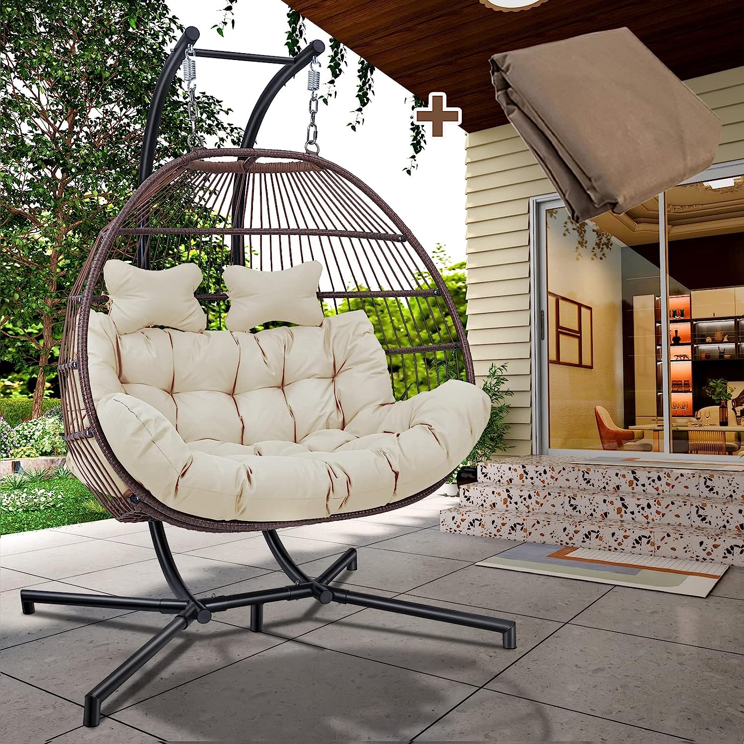 Double Egg Chair with Stand, Foldable 2-Person Hanging Swing Chair with Cover and UV Cushion, X-Large Rattan Wicker Hammock Chair for Indoor Outdoor Garden Patio (Black Frame + Gray Cushion)