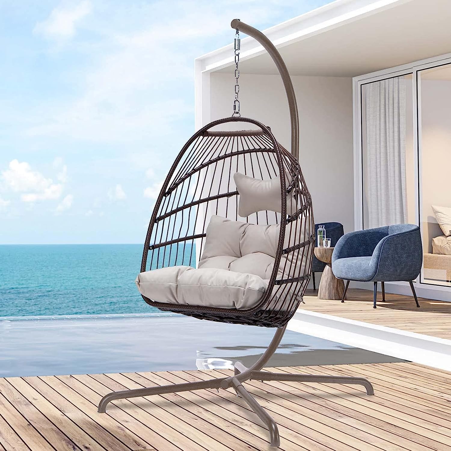 Swing Egg Chair Without Stand Indoor Outdoor Wicker Rattan Patio Basket Hanging Chair with UV Resistant Cushions 265lbs Capaticy for Bedroom Balcony Patio (Without Stand)