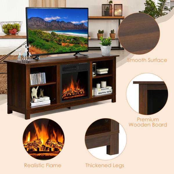 58 in. Fireplace TV Stand with 18 in. 1500-Watt Electric Fireplace 65 in. Walnut (2-Tier)