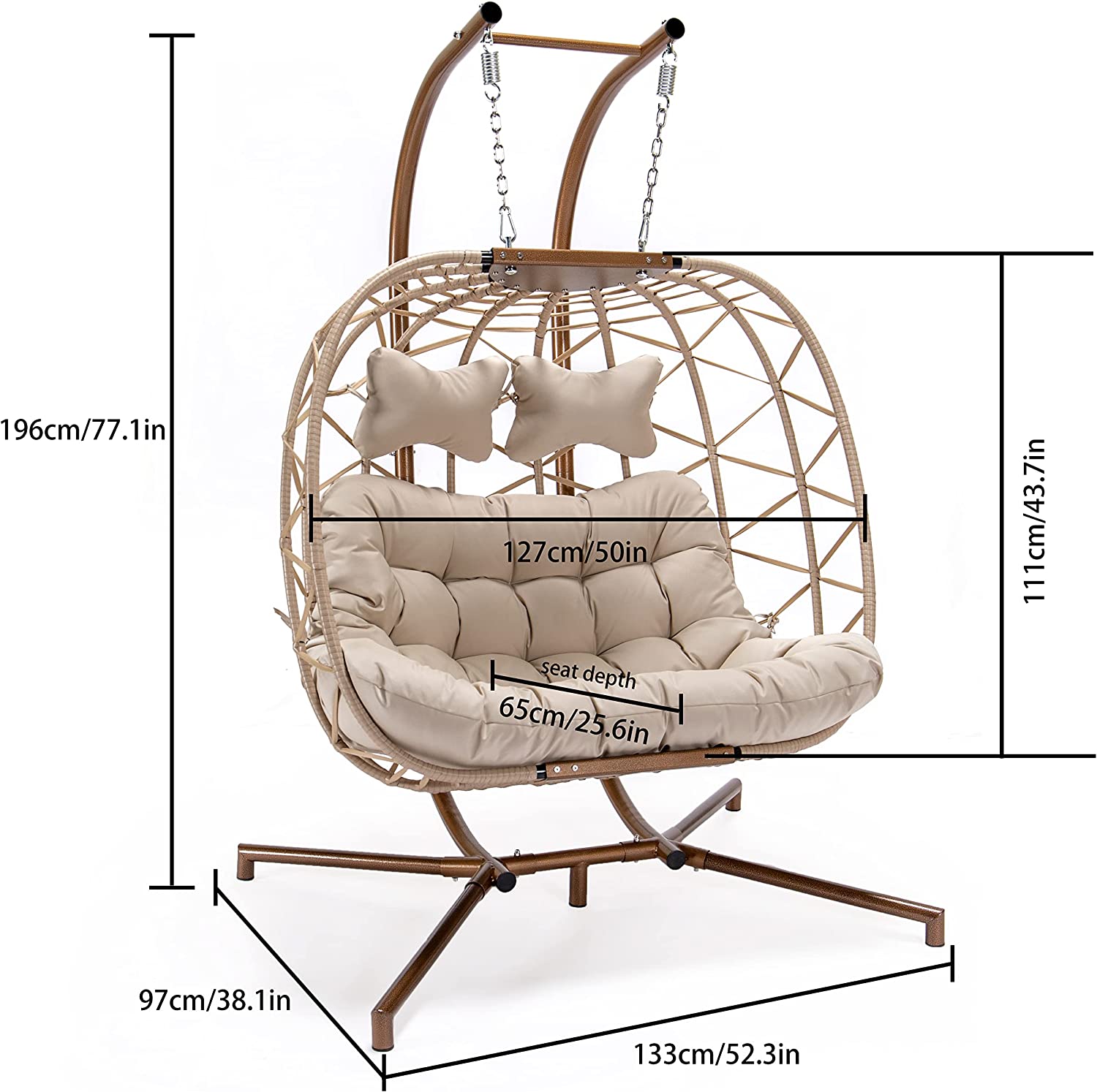 Swing Egg Chair Without Stand Indoor Outdoor Wicker Rattan Patio Basket Hanging Chair with UV Resistant Cushions 265lbs Capaticy for Bedroom Balcony Patio (Without Stand)