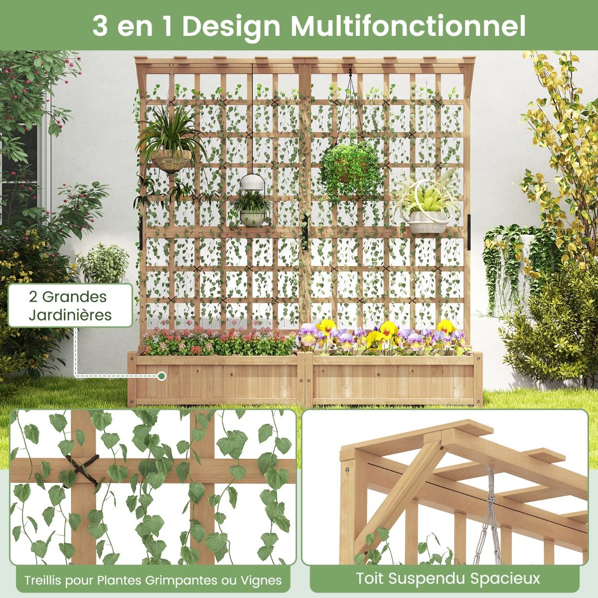 Jardinière avec 2 Treillis 2 Bacs Toit Suspendu en Bois Lit de Jardin Surélevé avec 4 Trous de Drainage 180 x 48 x 183 cm Orange
