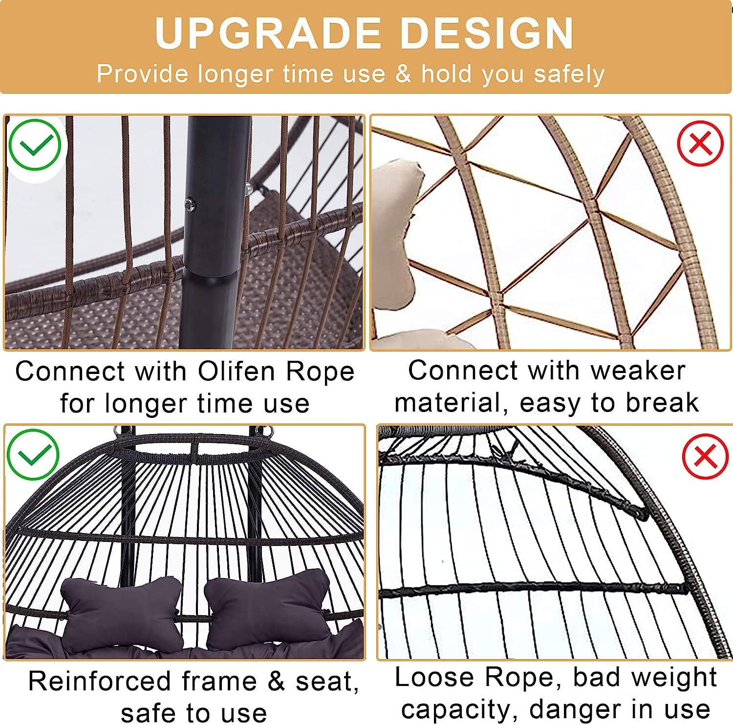 Double Egg Chair with Stand, Foldable 2-Person Hanging Swing Chair with Cover and UV Cushion, X-Large Rattan Wicker Hammock Chair for Indoor Outdoor Garden Patio (Black Frame + Gray Cushion)