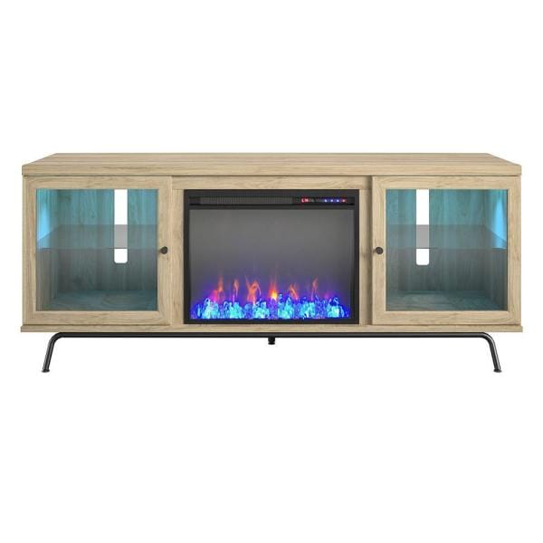 Flicker 64.76 in. Freestanding Electric Fireplace TV Stand in Blonde Oak